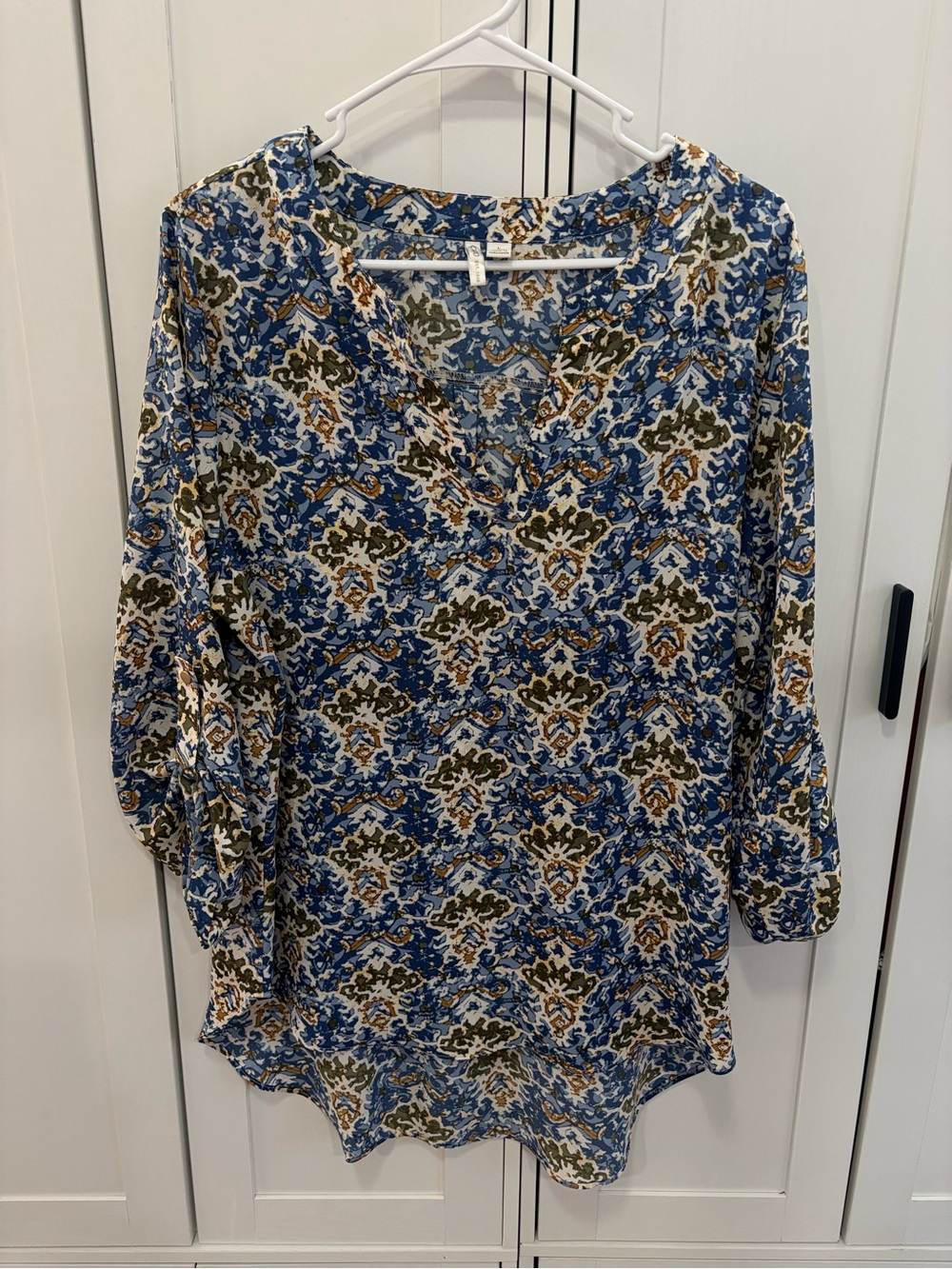 Cato Blue, Olive & Cream Patterned V-Neck Tunic Top